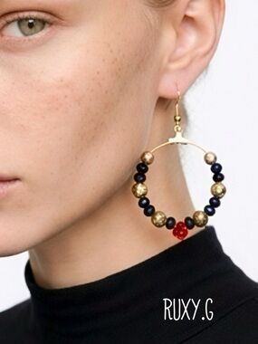 Gold, Black & Red Beaded Hoop Earrings w/ Swarovski crystal